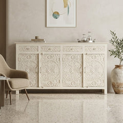 Handcrafted Whitewashed Solid Wood Hand Carved Sideboard Buffet Cabinet | Rustic Floral 4 Door Storage Console for Dining Room, Living Room & Entryway