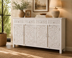 Handcrafted Whitewashed Solid Wood Hand Carved Sideboard Buffet Cabinet | Rustic Floral 4 Door Storage Console for Dining Room, Living Room & Entryway