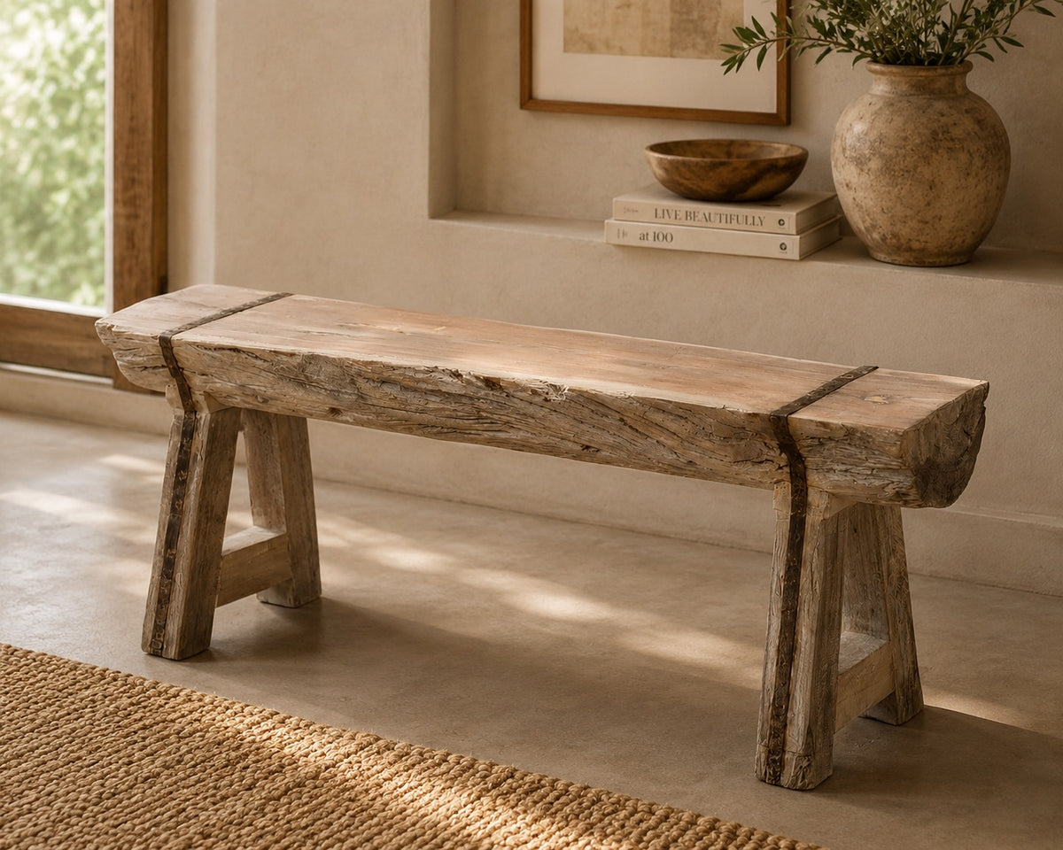 Handcrafted Reclaimed Solid Wood Log Bench | Rustic Live Edge Timber Bench | Farmhouse Wooden Entryway, Dining & Accent Seating