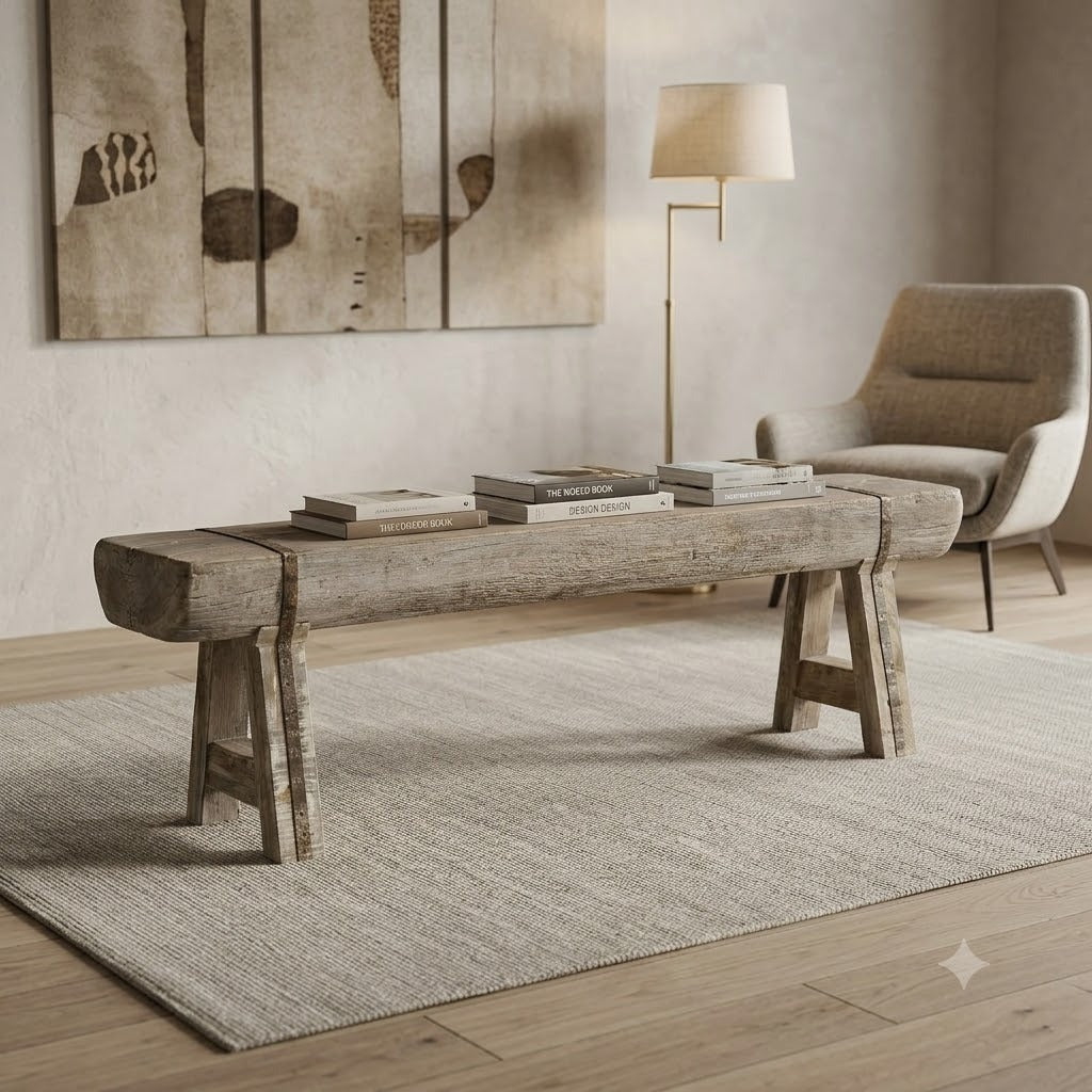 Handcrafted Reclaimed Solid Wood Log Bench | Rustic Live Edge Timber Bench | Farmhouse Wooden Entryway, Dining & Accent Seating