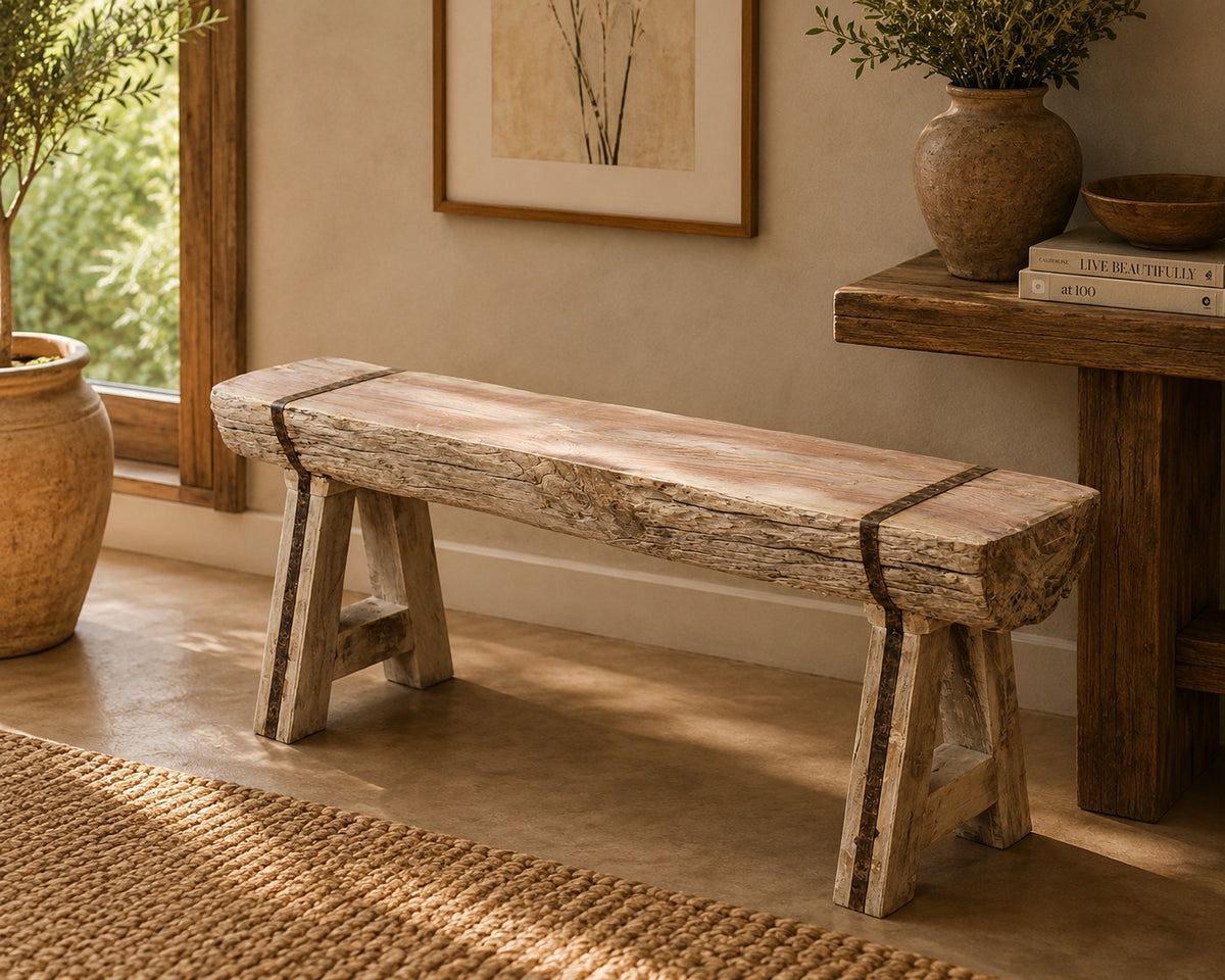 Handcrafted Reclaimed Solid Wood Log Bench | Rustic Live Edge Timber Bench | Farmhouse Wooden Entryway, Dining & Accent Seating