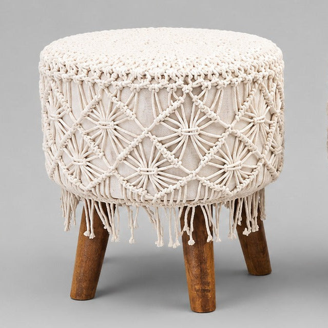 White  Macramé Cushioned Stool – Boho Footstool with Wooden Legs