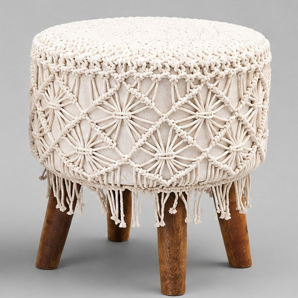 White Macrame Cushioned Wood Stool Boho Footstool