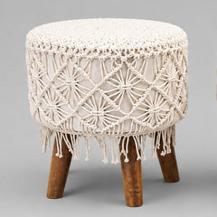 White  Macramé Cushioned Stool – Boho Footstool with Wooden Legs