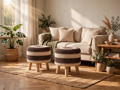 Brown & Cream Macramé Boho Cushioned Wood Stool - Crochet Pouf Footstool set of 2