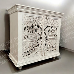 ORCHID DESIGN Peacock Carved 2 door Cabinet Indian Rustic Cabinet Whitewash