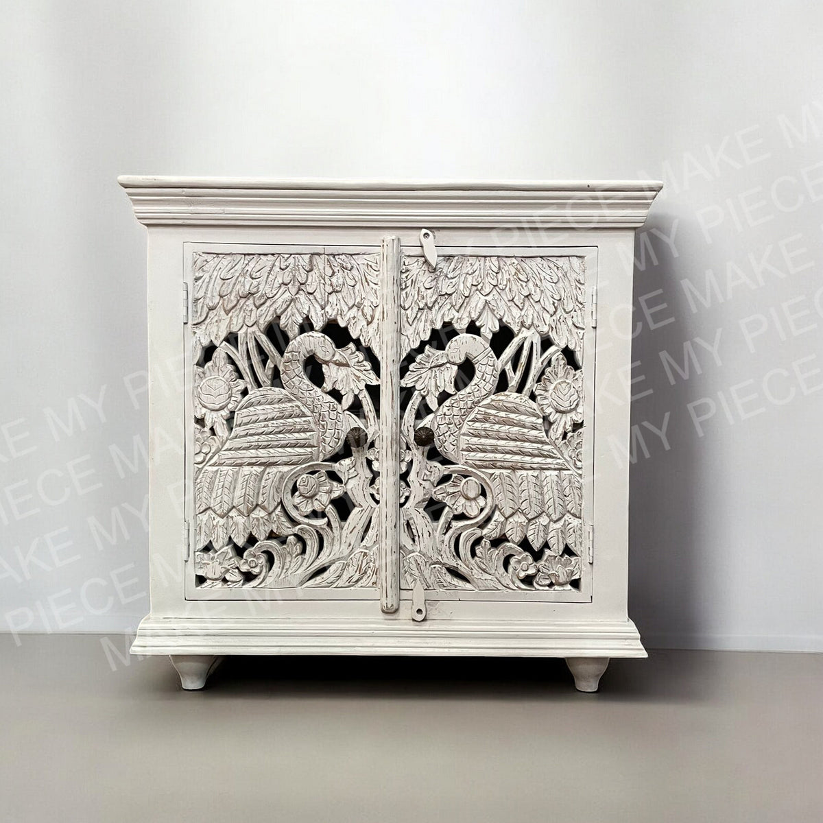 ORCHID DESIGN Peacock Carved 2 door Cabinet Indian Rustic Cabinet Whitewash