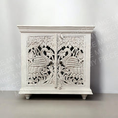 ORCHID DESIGN Peacock Carved 2 door Cabinet Indian Rustic Cabinet Whitewash