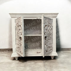 ORCHID DESIGN Peacock Carved 2 door Cabinet Indian Rustic Cabinet Whitewash