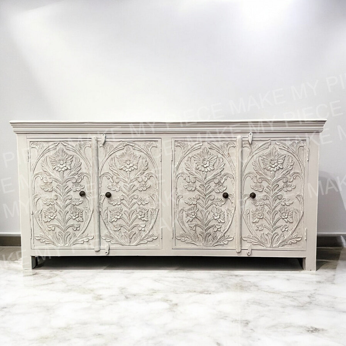 ORCHID DESIGN Indian Hand Carved 4 door Sideboard White