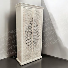 ORCHID DESIGN Hand Carved Jali 2 door Cabinet Indian Wardrobe Cabinet White