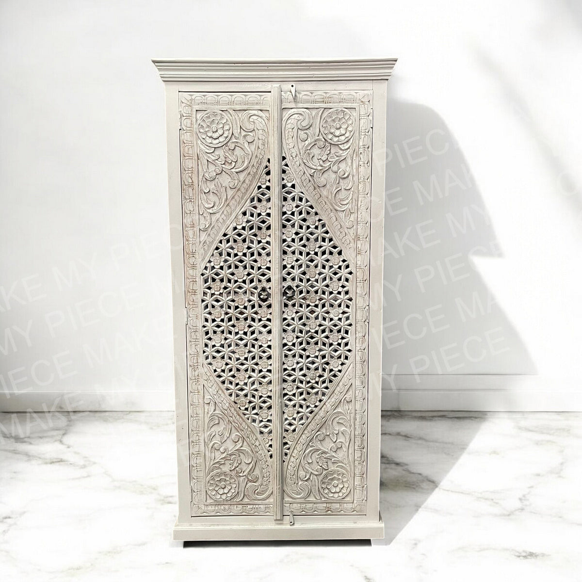 ORCHID DESIGN Hand Carved Jali 2 door Cabinet Indian Wardrobe Cabinet White