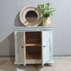 Handmade Carved Indian Furniture Solid Mango Wood 2 Doors Cabinet in Bluewash