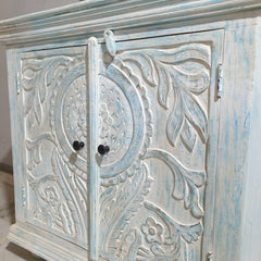 Handmade Carved Indian Furniture Solid Mango Wood 2 Doors Cabinet in Bluewash