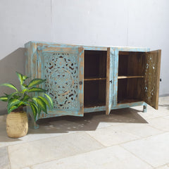 Indian Hand Carved Solid Wood Sideboard Turquoise Green Rustic C34