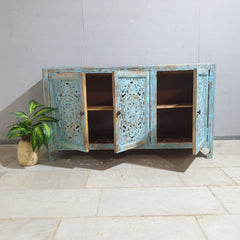 Indian Hand Carved Solid Wood Sideboard Turquoise Green Rustic C34
