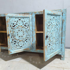Indian Hand Carved Solid Wood Sideboard Turquoise Green Rustic C34