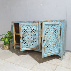 Indian Hand Carved Solid Wood Sideboard Turquoise Green Rustic C34