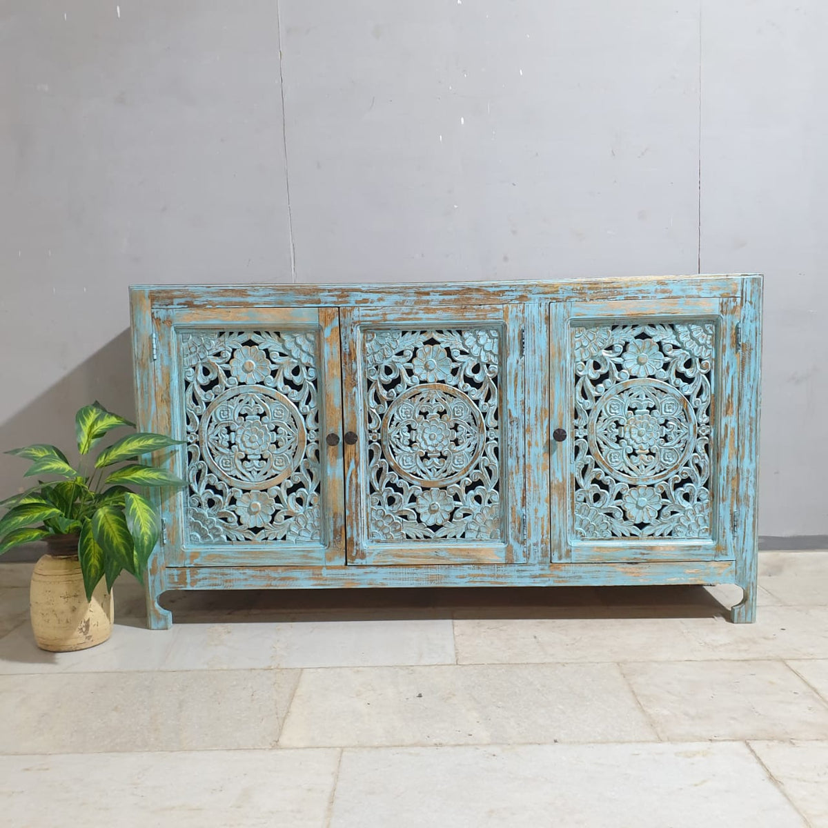 Indian Hand Carved Solid Wood Sideboard Turquoise Green Rustic C34