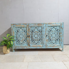 Indian Hand Carved Solid Wood Sideboard Turquoise Green Rustic C34