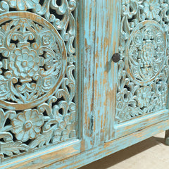 Indian Hand Carved Solid Wood Sideboard Turquoise Green Rustic C34