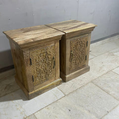 Floral Hand Carved Indian Mango Wood Bed Side Table Set 88