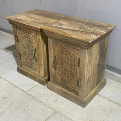 Floral Hand Carved Indian Mango Wood Bed Side Table Set 88