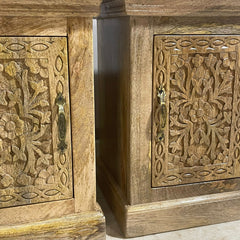 Floral Hand Carved Indian Mango Wood Bed Side Table Set 88