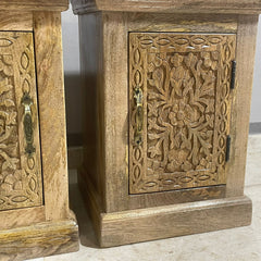 Floral Hand Carved Indian Mango Wood Bed Side Table Set 88