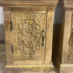 Floral Hand Carved Indian Mango Wood Bed Side Table Set 88