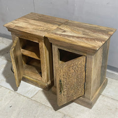 Floral Hand Carved Indian Mango Wood Bed Side Table Set 88