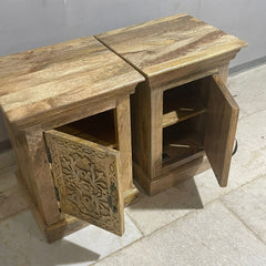 Floral Hand Carved Indian Mango Wood Bed Side Table Set 88