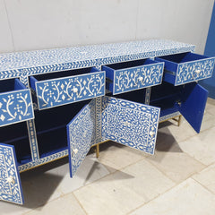 Indian Bone Inlay Floral Pattern 4 door & 4 drawer Sideboard Hutch Buffet C38