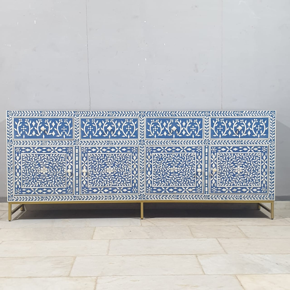 Indian Bone Inlay Floral Pattern 4 door & 4 drawer Sideboard Hutch Buffet C38