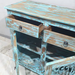 Indian Hand Carved Solid Wood Metal Carved Doors Cabinet D104