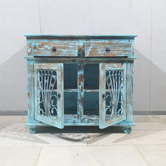 Indian Hand Carved Solid Wood Metal Carved Doors Cabinet D104