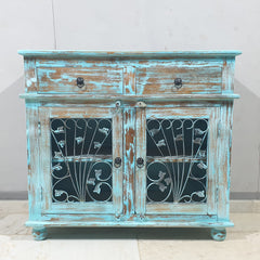 Indian Hand Carved Solid Wood Metal Carved Doors Cabinet D104