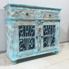 Indian Hand Carved Solid Wood Metal Carved Doors Cabinet D104