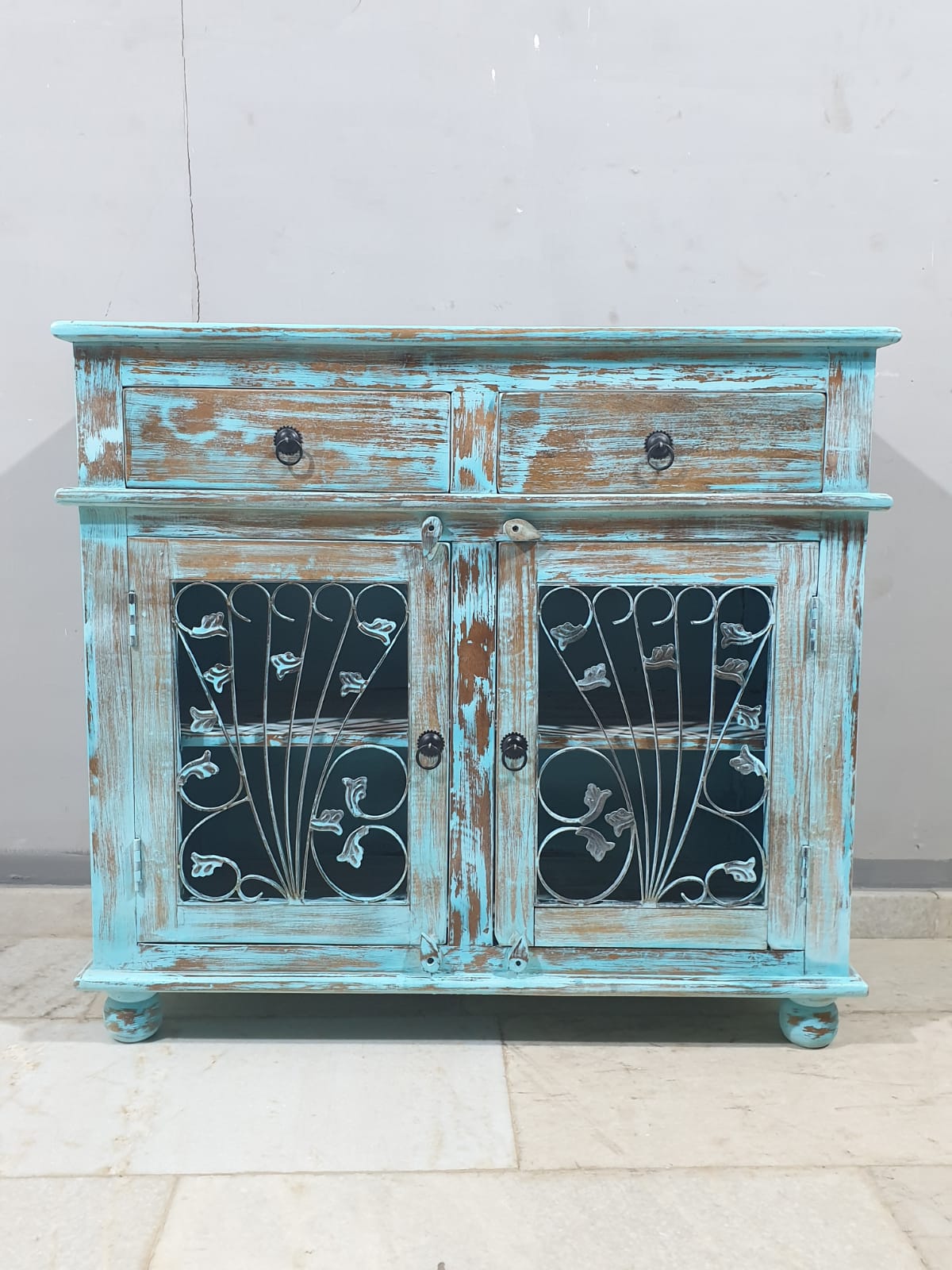 Indian Hand Carved Solid Wood Metal Carved Doors Cabinet D104