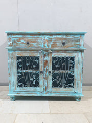 Indian Hand Carved Solid Wood Metal Carved Doors Cabinet D104