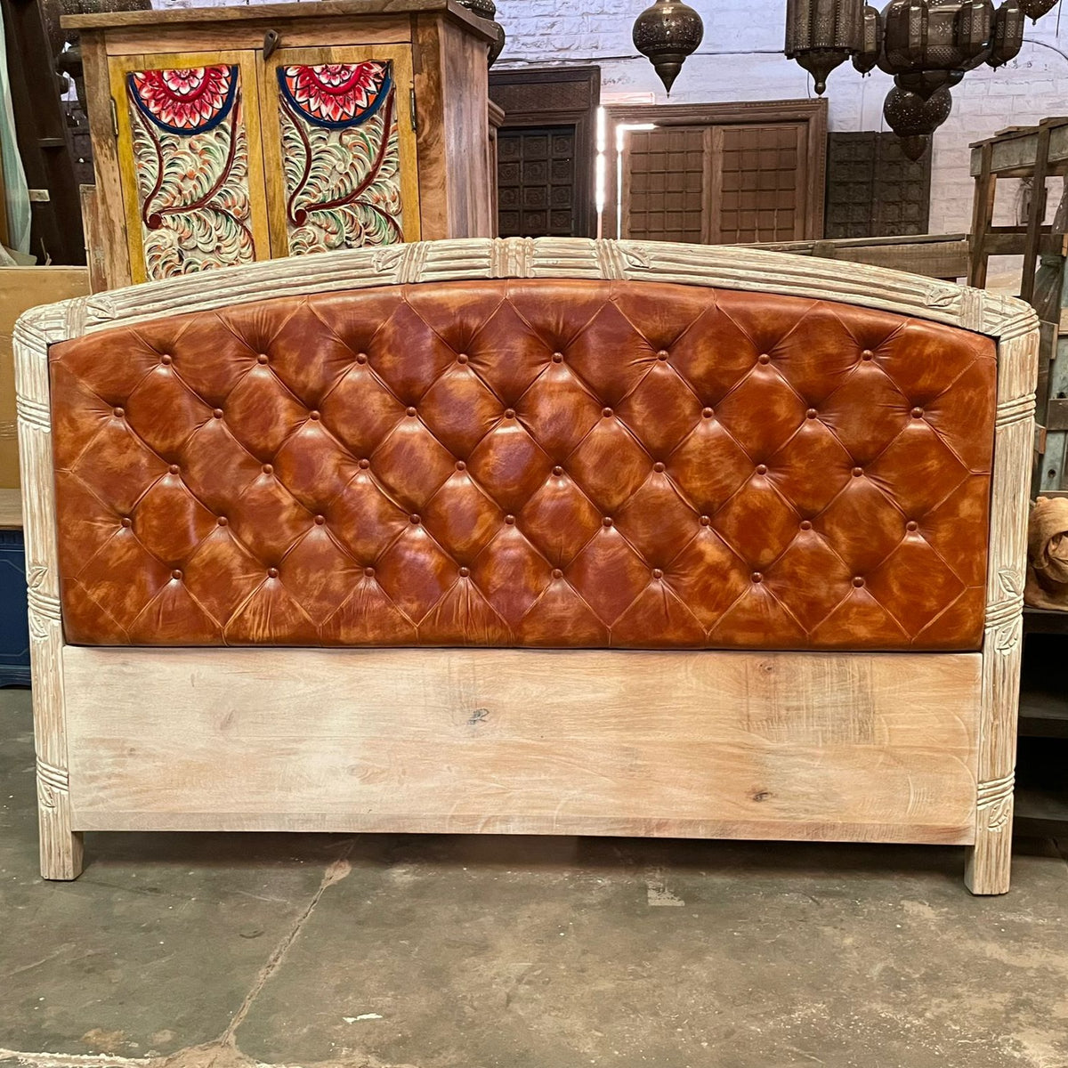 Handmade Indian Furniture Solid Hard Wood Leather Back Bed Head
