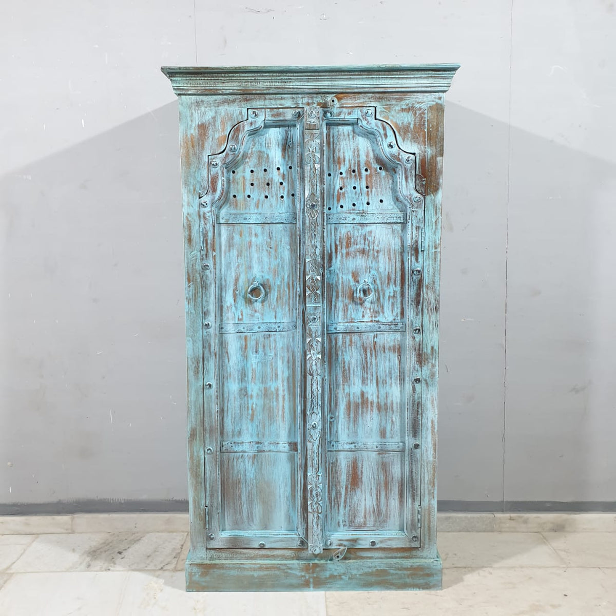 Vintage Hand Carved Solid Wood Cupboard Wardrobe Rustic Blue D118