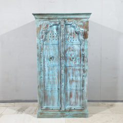 Vintage Hand Carved Solid Wood Cupboard Wardrobe Rustic Blue D118