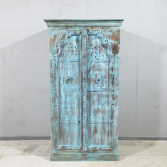 Vintage Hand Carved Solid Wood Cupboard Wardrobe Rustic Blue D118