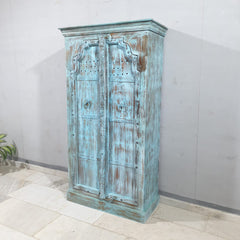 Vintage Hand Carved Solid Wood Cupboard Wardrobe Rustic Blue D118