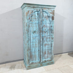 Vintage Hand Carved Solid Wood Cupboard Wardrobe Rustic Blue D118