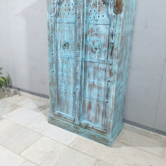 Vintage Hand Carved Solid Wood Cupboard Wardrobe Rustic Blue D118