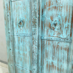 Vintage Hand Carved Solid Wood Cupboard Wardrobe Rustic Blue D118