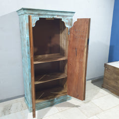 Vintage Hand Carved Solid Wood Cupboard Wardrobe Rustic Blue D118
