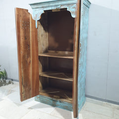 Vintage Hand Carved Solid Wood Cupboard Wardrobe Rustic Blue D118